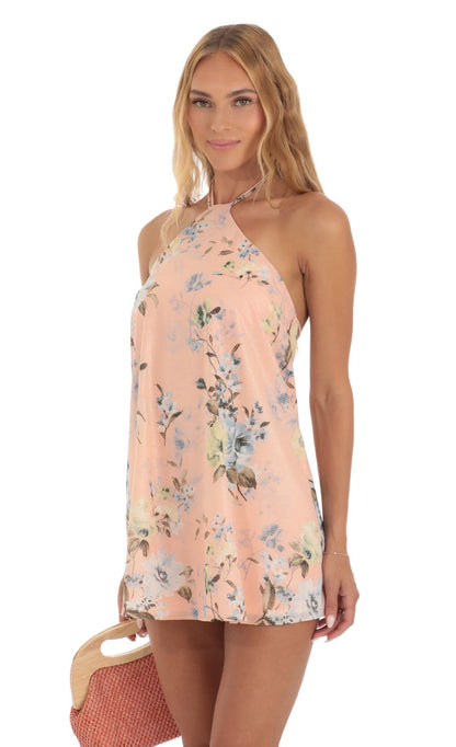 Lucy In The Sky Foiled Floral Halter Shift Dress in Peach