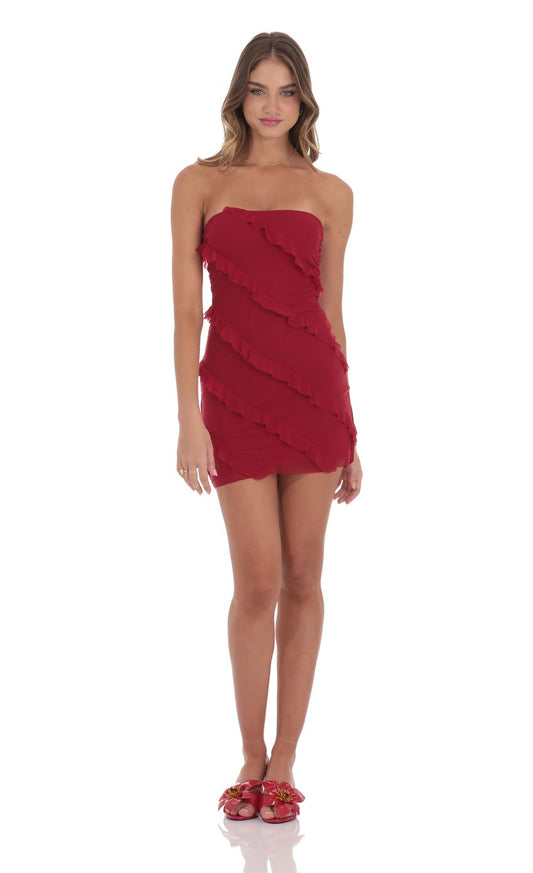 Lucy In The Sky Mesh Strapless Ruffle Dress in Red