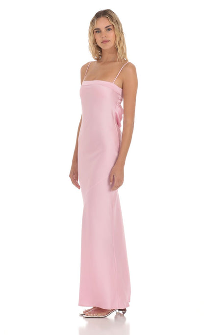 Lucy In The Sky Satin Open Back Maxi Dress in Pink