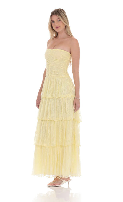 Lucy In The Sky Lace Ruched Ruffle Maxi Dress in Yellow