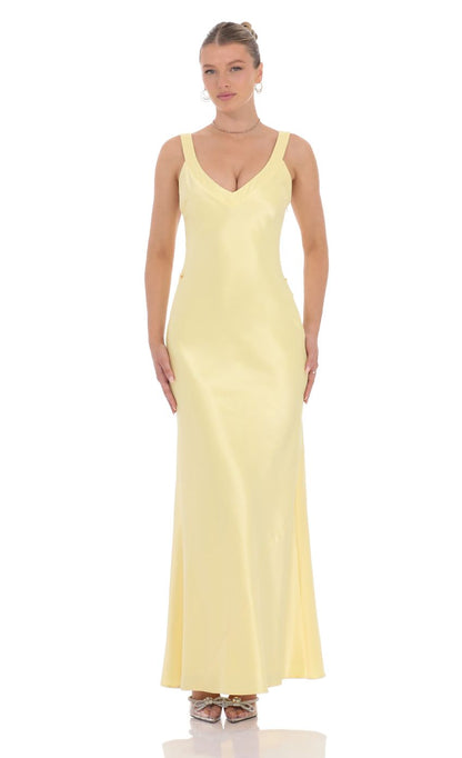 Lucy In The Sky Satin Open Back Maxi Dress in Yellow