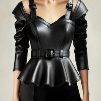 Ursime PU Leather Cold Shoulder Peplum Belt Blouse