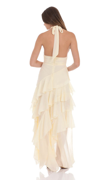 Lucy In The Sky Asymmetrical Ruffle Maxi Dress in Ivory