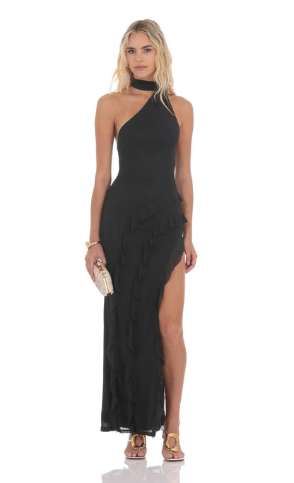 Lucy In The Sky Mesh Halter Scarf Maxi Dress in Black