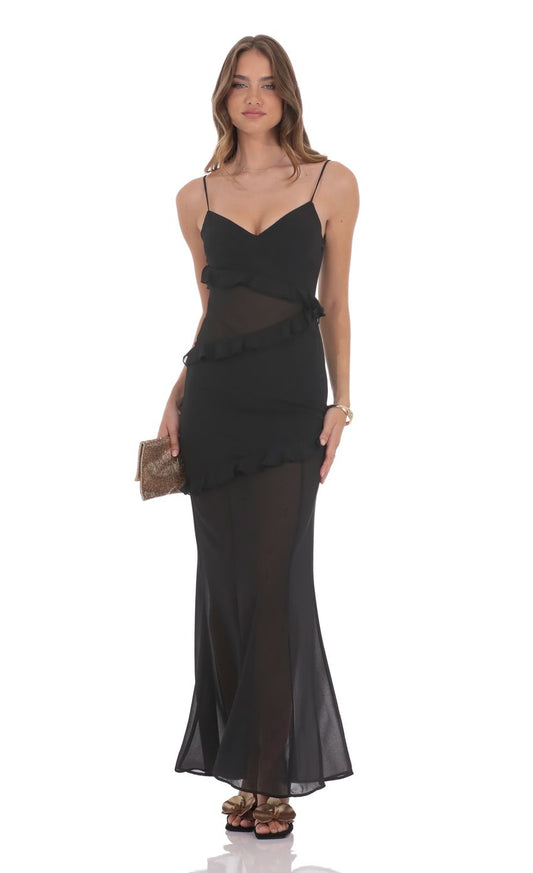 Lucy In The Sky Chiffon Ruffle Cutout Maxi Dress in Black