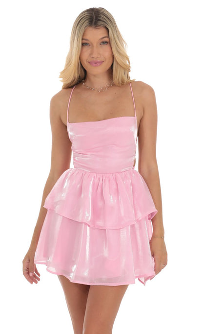 Lucy In The Sky Shimmer Lace Up Dress in Pink