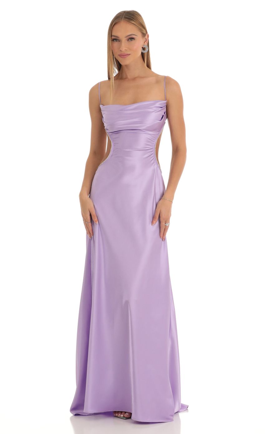 Lucy In The Sky Satin Rhinestone Maxi Dress in Purple