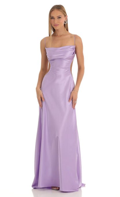 Lucy In The Sky Satin Rhinestone Maxi Dress in Purple