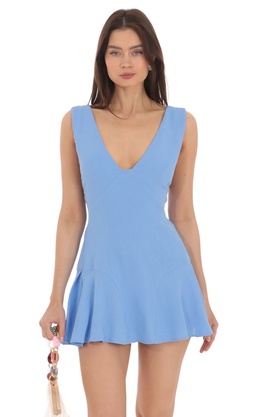 Lucy in the Sky V-Neck Fit and Flare Dress in Blue