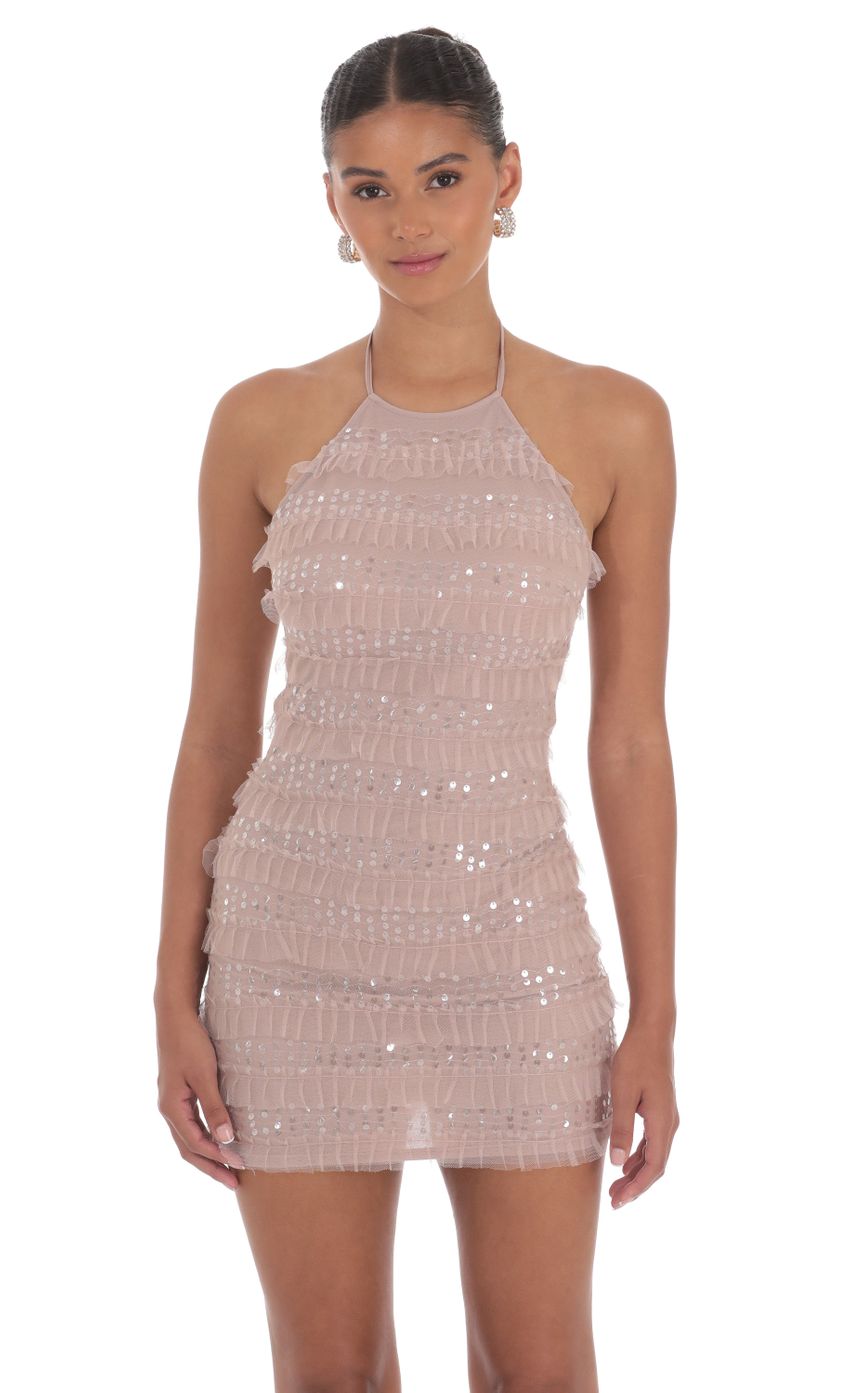 Lucy In The Sky Sequin Ruffle Halter Bodycon Dress in Mauve