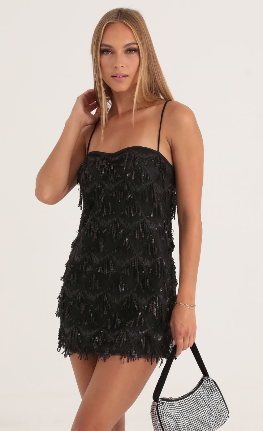 Lucy In The Sky Tulle Sequin Fringe Dress in Black