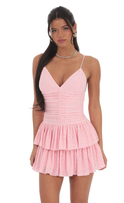 Lucy In The Sky Ruched Ruffle Eyelet Dress in Pink