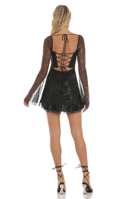 Lucy In The Sky Sequin Long Sleeve Dress in Black