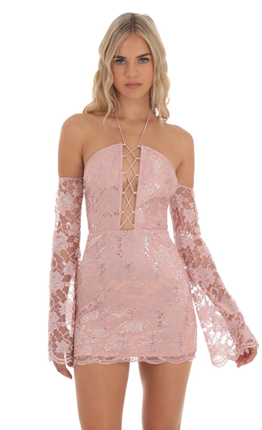 Lucy In The Sky Lace Sequin Off Shoulder Dress in Dusty Rose