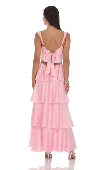 Lucy In The Sky Satin Ruffle Maxi Dress in Pink