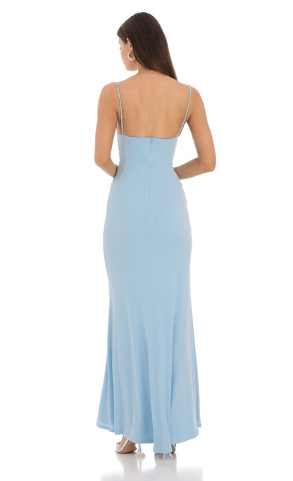 Lucy in the Sky Cowl Neck Mermaid Maxi Dress in Blue