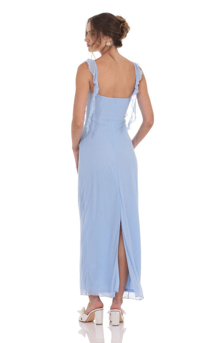 Lucy In The Sky Mesh Tassel Strap Maxi Dress in Light Blue