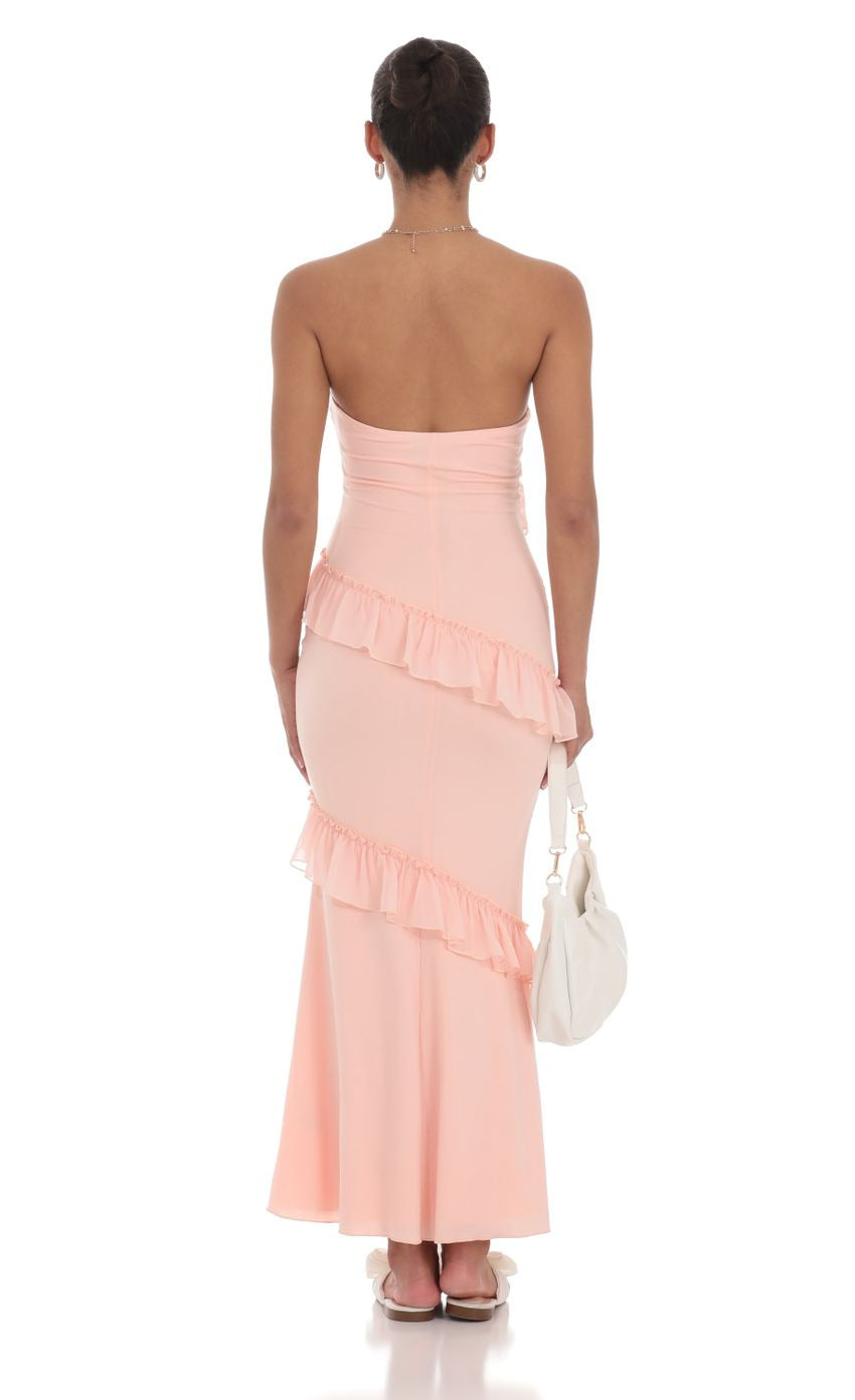 Lucy in the Sky Strapless Spiral Ruffle Maxi Dress in Peach