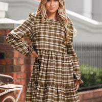 Cupshe Brown Plaid Round Neck Long Sleeve Mini Dress