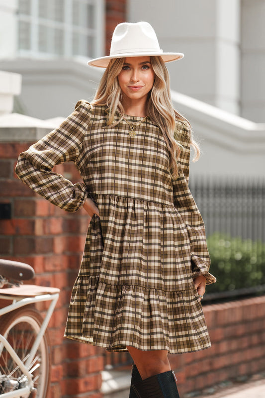 Cupshe Brown Plaid Round Neck Long Sleeve Mini Dress