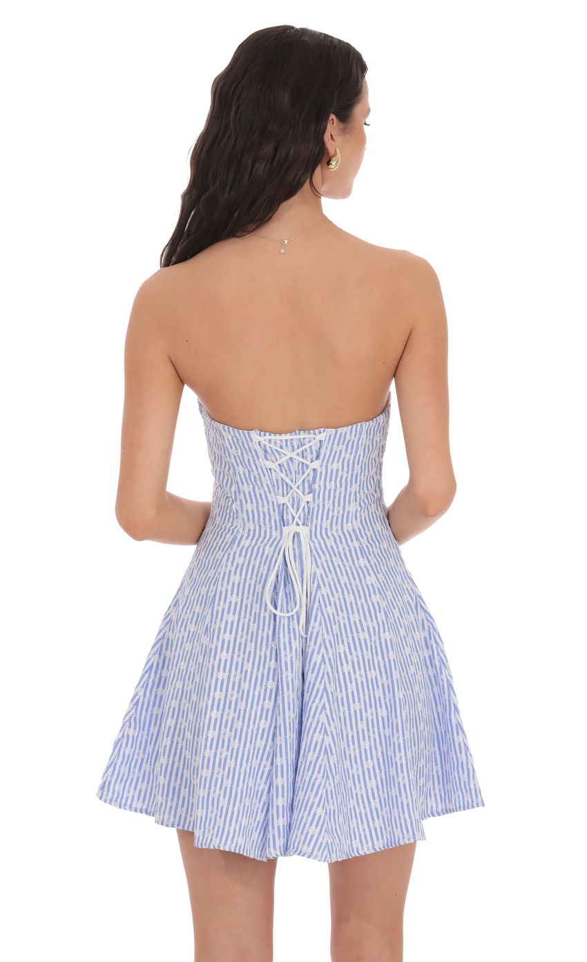 Lucy In The Sky Striped Floral Strapless Dress in Blue and White