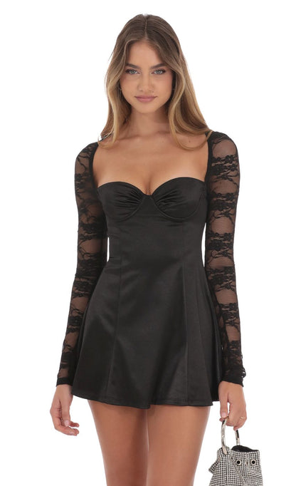 Lucy In The Sky Satin Lace Sleeve Dress in Black