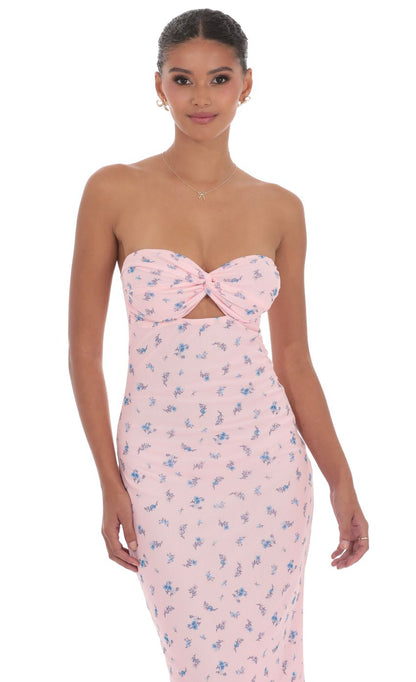 Lucy In The Sky Mesh Floral Strapless Cutout Maxi Dress in Pink