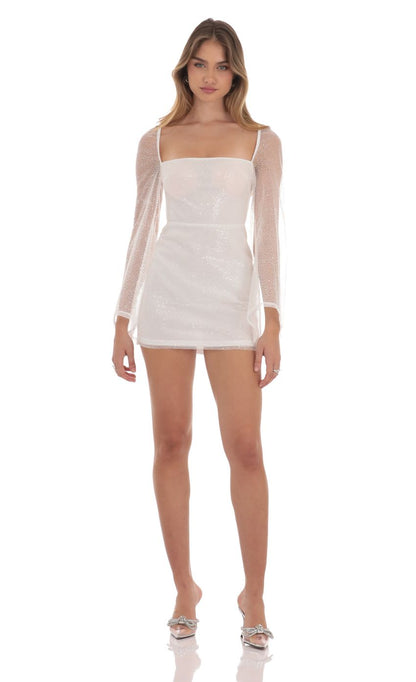Lucy In The Sky Sequin Flare Sleeve Dress in White