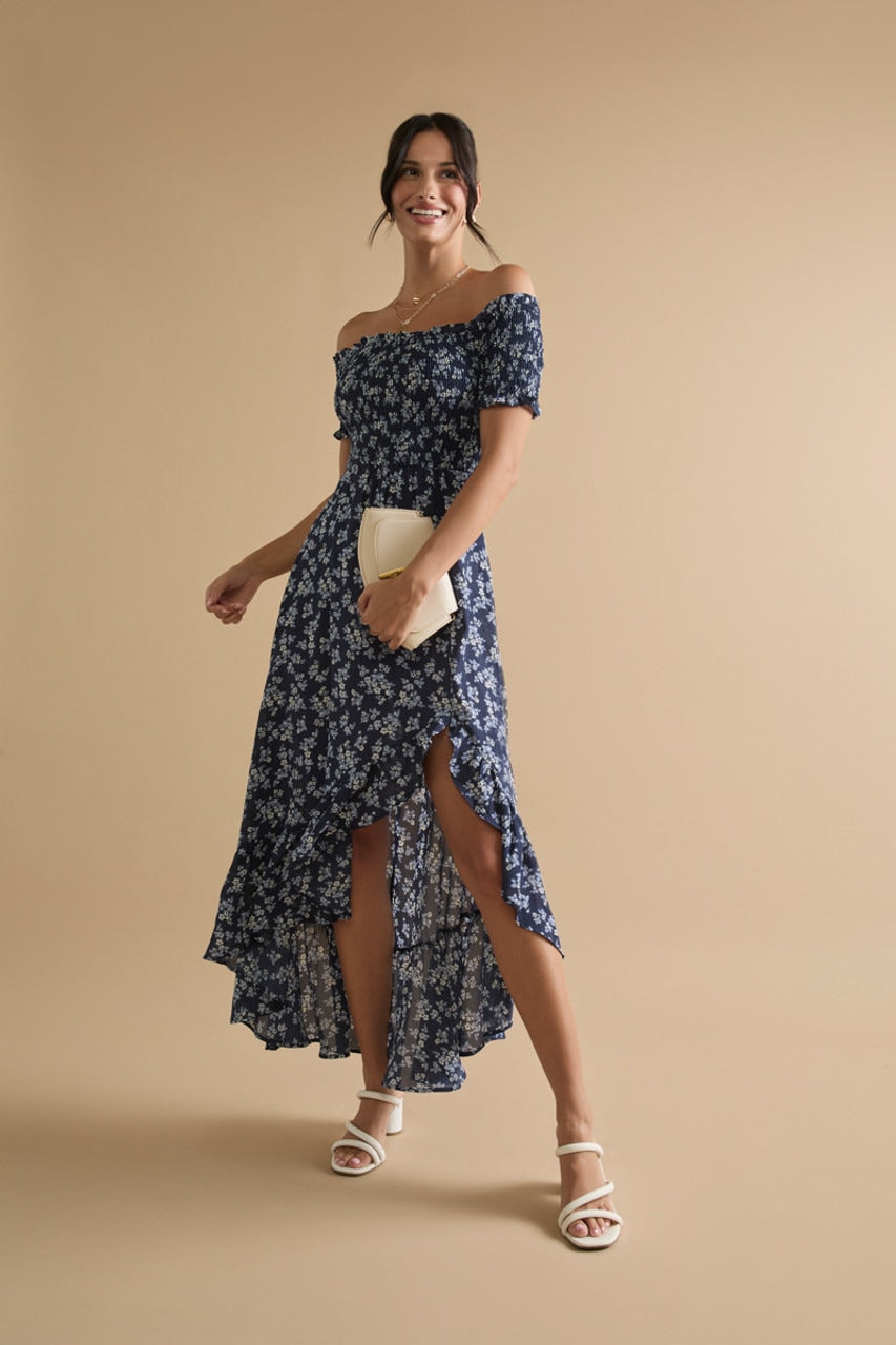 Francesca's Perdita Smocked Top Off Shoulder Floral Maxi Dress (x2)