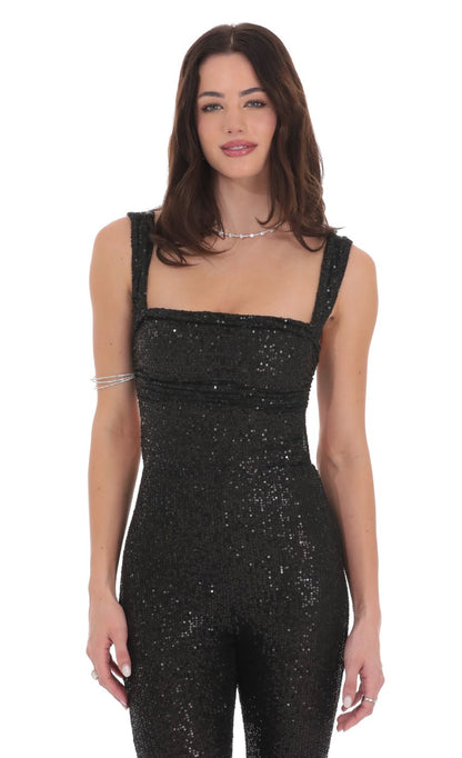 Lucy In The Sky Sequin Back Tie Jumpsuit in Black