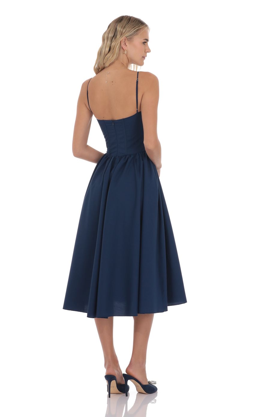 Lucy In The Sky Corset V-Neck Midi Dress in Navy
