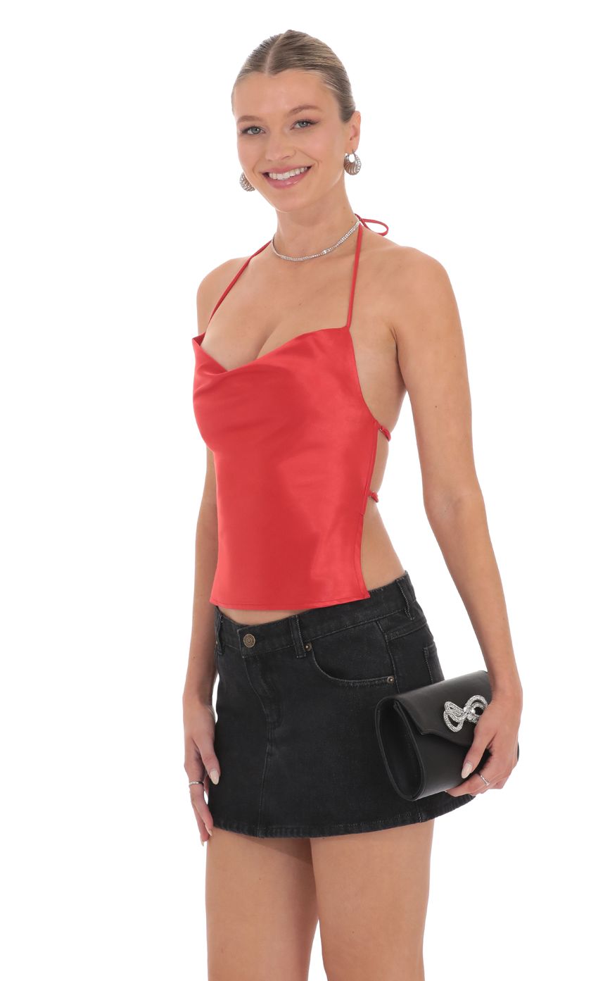 Lucy In The Sky Satin Cowl Neck Top in Red