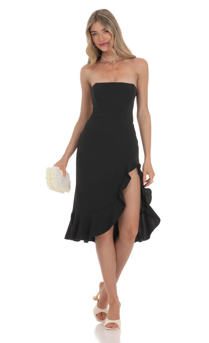 Lucy In The Sky Strapless Back Bow Midi Dress in Black