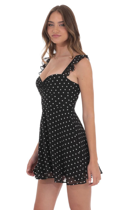 Lucy In The Sky Polka Dot Ruffle Strap A-Line Dress in Black