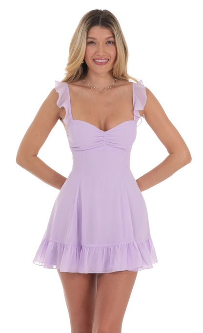 Lucy In The Sky Ruffle Strap Fit and Flare Dress in Lavender