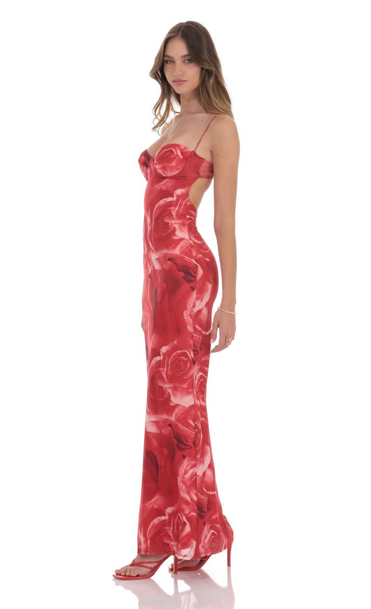 Lucy In The Sky Rose Open Back Mesh Maxi Dress in Red