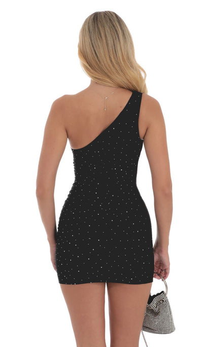 Lucy In The Sky Rhinestone One Shoulder Dress in Black