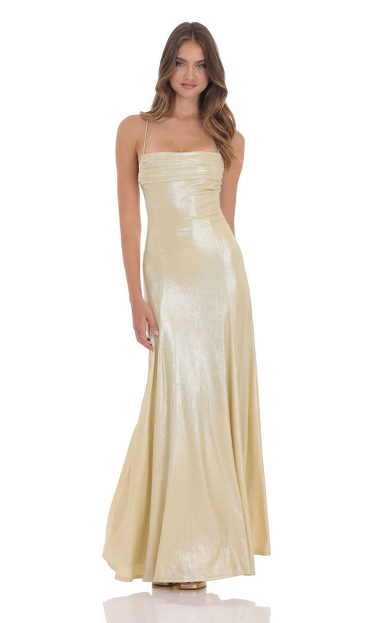 Lucy In The Sky Shimmer Draped Open Back Maxi Dress in Gold