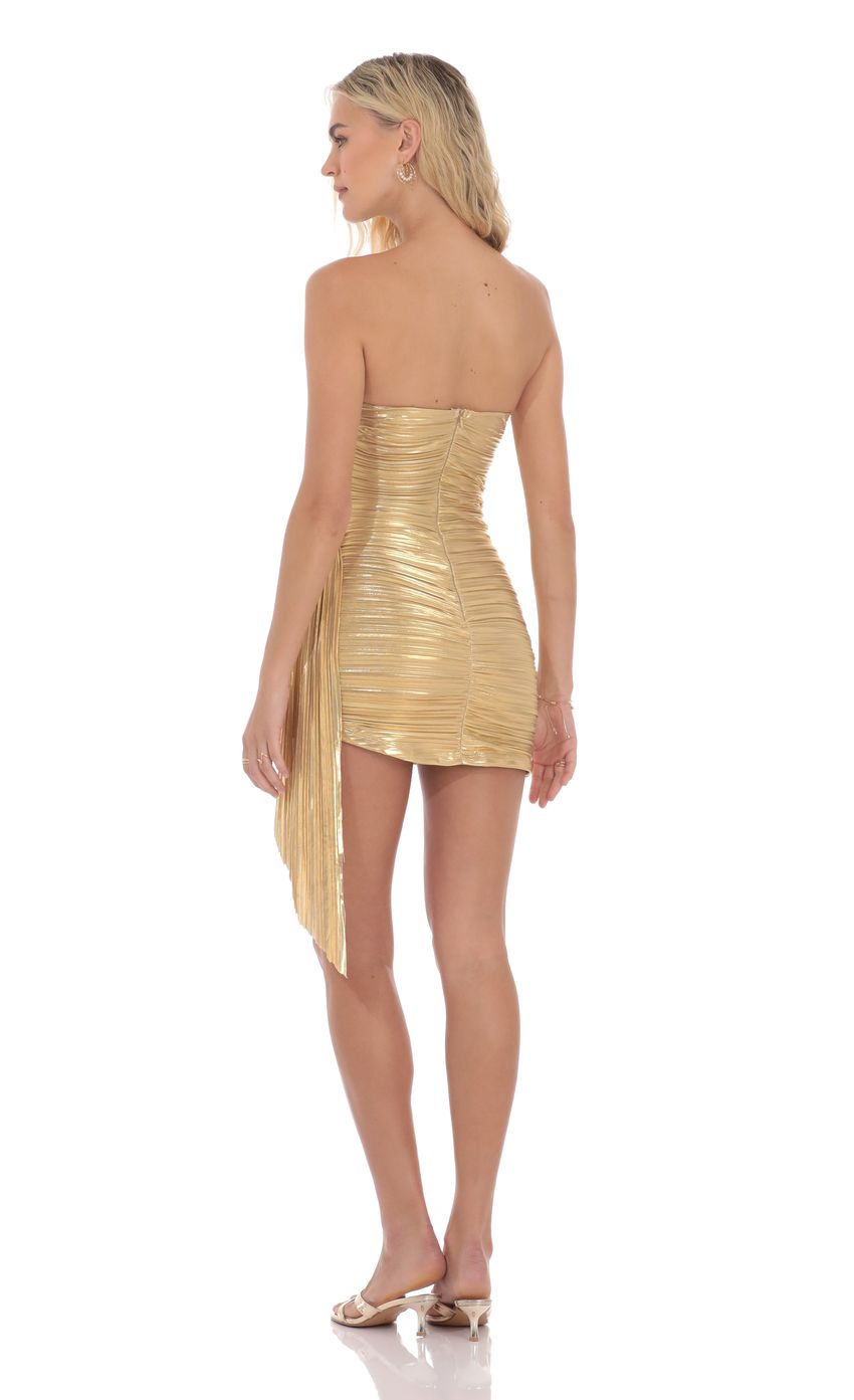 Lucy In The Sky Metallic Corset Tassel Dress in Gold