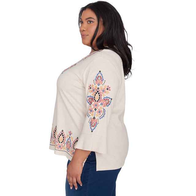 Alfred Dunner Women's Medallion Embroidered Flutter Sleeve Top