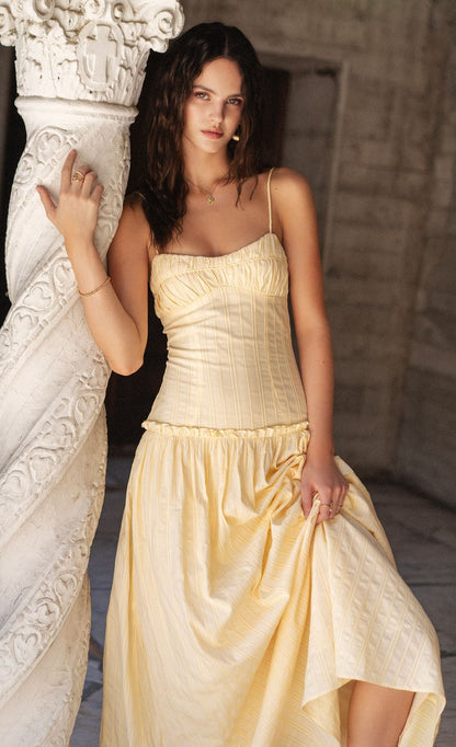 Lucy In The Sky Embroidered Striped Maxi Dress in Yellow