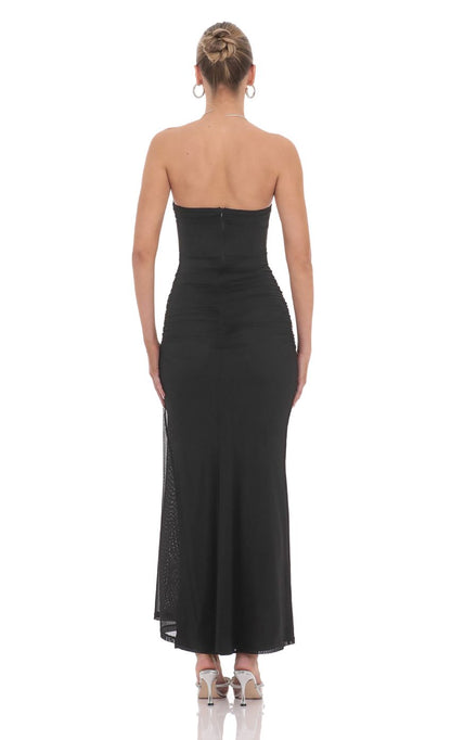 Lucy In The Sky Mesh Strapless Corset Maxi Dress in Black
