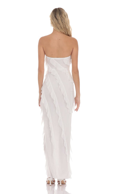 Lucy In The Sky Mesh Ruffle Strapless Maxi Dress in White