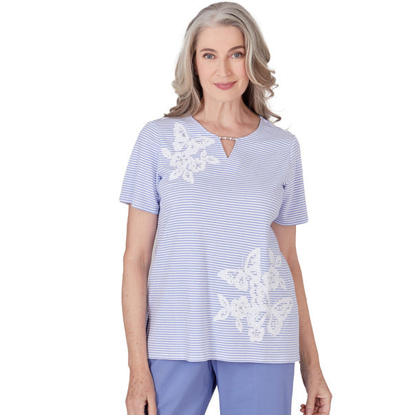 Alfred Dunner Women's Mini Stripes Tee with Butterfly Lace Detail