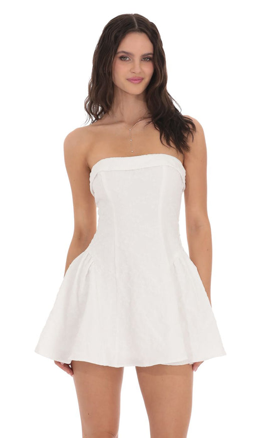 Lucy In The Sky Floral Jacquard Strapless Flare Dress in White