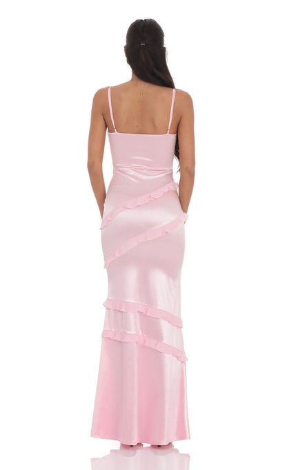 Lucy In The Sky Satin V-Neck Ruffle Mermaid Maxi Dress in Pink