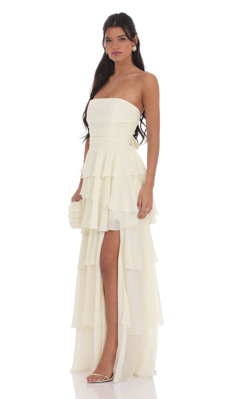 Lucy In The Sky Corset Ruffle Strapless Maxi Dress in Pastel Yellow