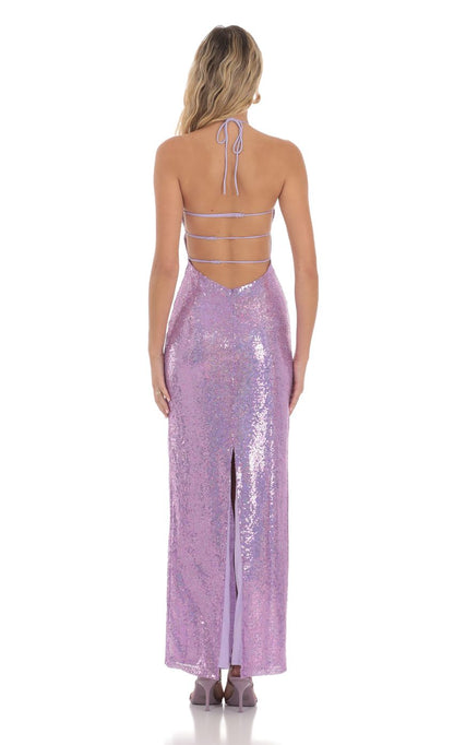 Lucy in the Sky Sequin Halter Maxi Dress in Lavender