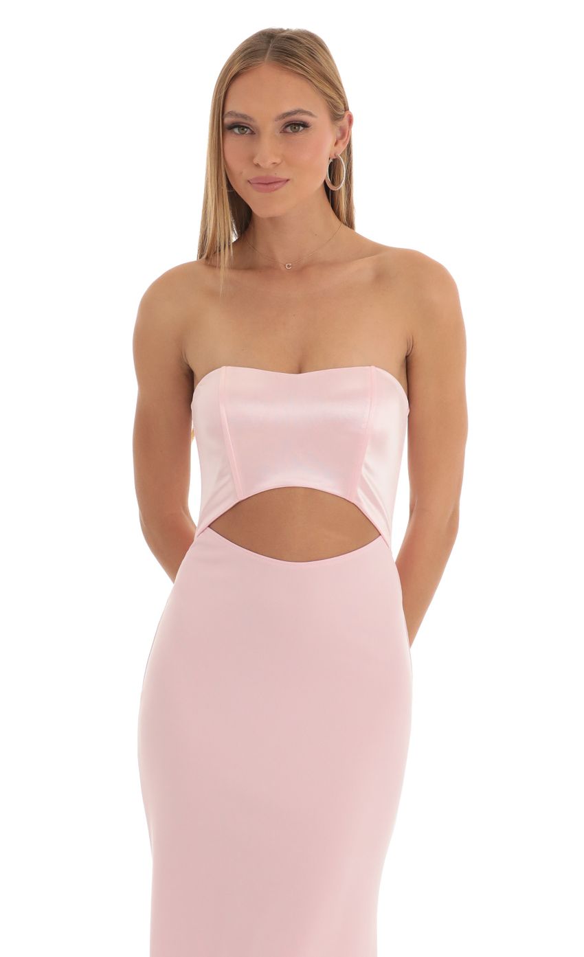 Lucy In The Sky Satin Corset High Low Crepe Maxi Dress in Pink