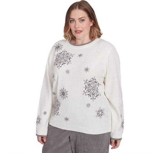 Alfred Dunner Women's Snowflake Embroidered Chenille Sweater